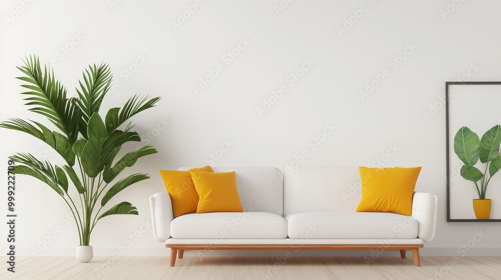 Minimalist Living Room Interior Design with White Sofa Yellow Pillows and Tropical Plant Minimalist Living Room Interior Design with White Sofa Yellow Pillows and Tropical Plant