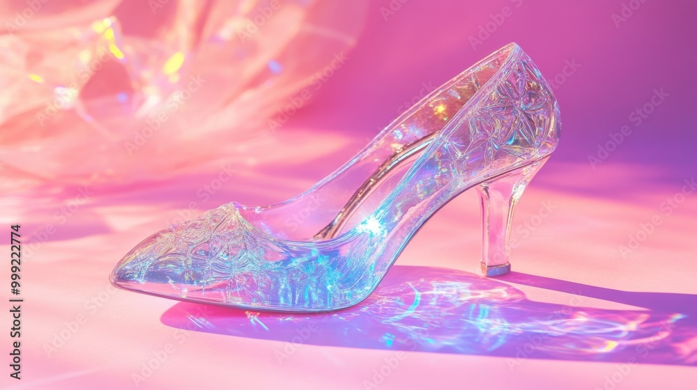Enchanted glass slipper shimmering in iridescent hues on a bright pink backdrop, a modern fairy tale moment Enchanted glass slipper shimmering in iridescent hues on a bright pink backdrop, a modern fairy tale moment