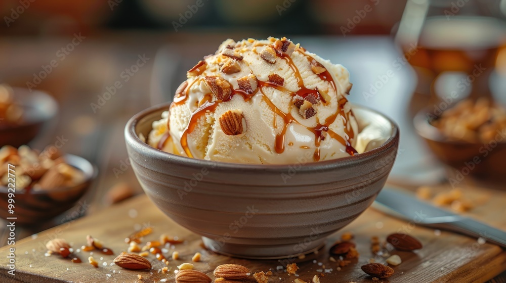 A single scoop of vanilla ice cream drizzled with caramel sauce and topped with crumbled almonds. A single scoop of vanilla ice cream drizzled with caramel sauce and topped with crumbled almonds.
