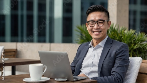 Asian business man happy smiling using computer