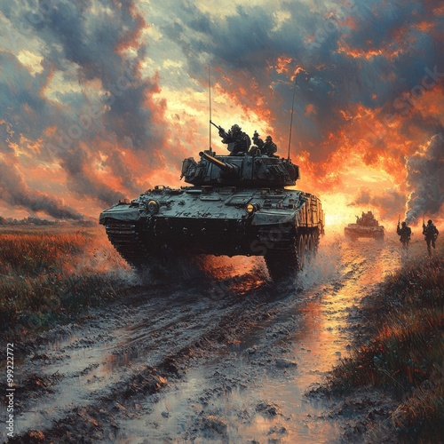 A triumphant M2 Bradley advancing through the battlefield, allies following, signifying a turn of events, powerful and inspiring, photo