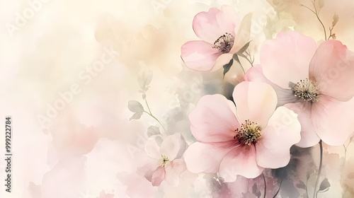 Fototapeta Naklejka Na Ścianę i Meble -  Elegant wallpaper with watercolor flowers in soft pastel hues and flowing ink art