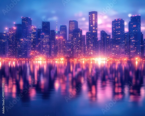 Cityscape at night with a glowing skyline and bright lights reflecting off buildings, urban style, wide shot, sharp focus