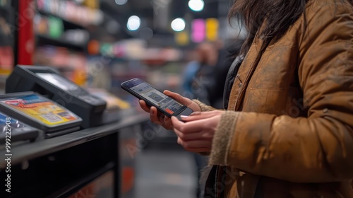 Contactless payments with a person using a smartphone at a checkout, modern style, close-up, sharp focus