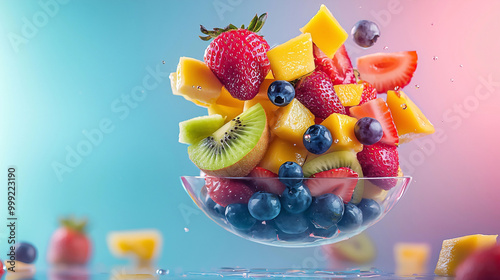 Fresh fruit salad with strawberries, kiwis, blueberries, and mango for healthy snacks, organic nutrition, and refreshing breakfast.
