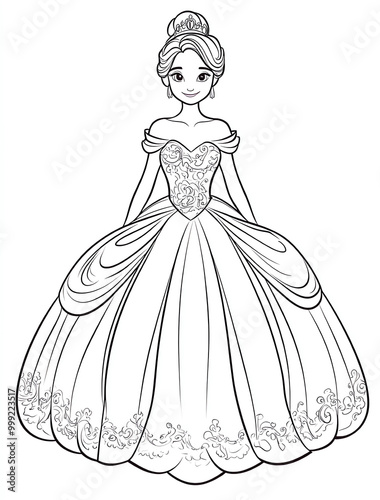 Cinderella in her beautiful ball gown coloring page for kids, with crisp lines and a white background