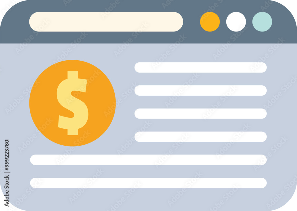 Simple flat illustration of a web browser window featuring a prominent dollar sign, symbolizing online finances, digital payments, or e commerce transactions Simple flat illustration of a web browser window featuring a prominent dollar sign, symbolizing online finances, digital payments, or e commerce transactions