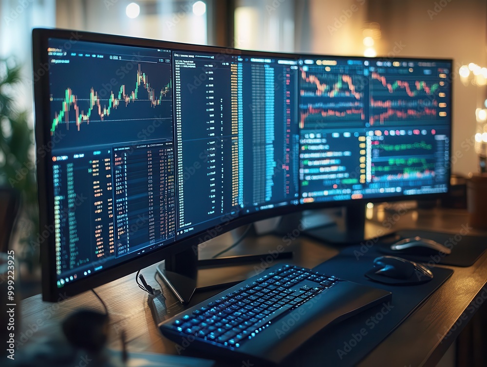 Forex trading with multiple screens displaying currency exchange rates, professional setting, sharp focus Forex trading with multiple screens displaying currency exchange rates, professional setting, sharp focus