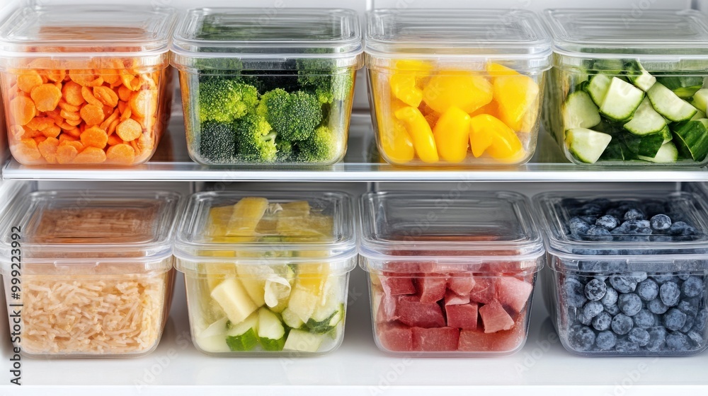 A fridge with organized containers of leftovers, isolated on a white background A fridge with organized containers of leftovers, isolated on a white background
