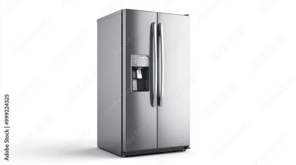 A modern side-by-side refrigerator with water dispenser, isolated on a white background A modern side-by-side refrigerator with water dispenser, isolated on a white background