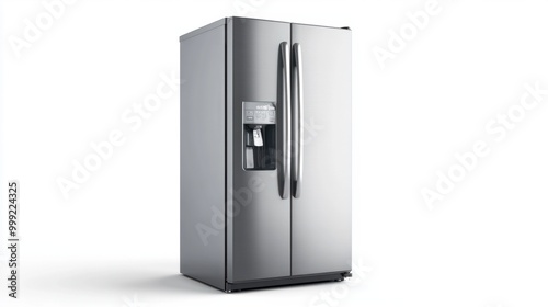 A modern side-by-side refrigerator with water dispenser, isolated on a white background