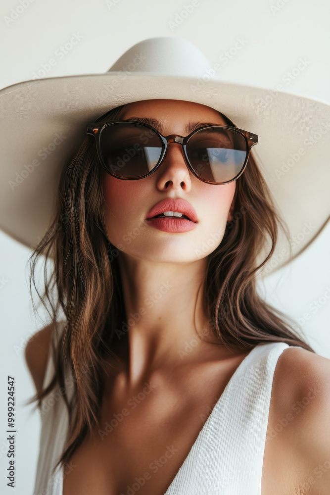 Fashionable young woman with brunette hair wearing chic sunglasses and a wide-brimmed hat in a close-up portrait. Fashionable young woman with brunette hair wearing chic sunglasses and a wide-brimmed hat in a close-up portrait.