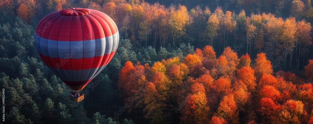 Obraz premium Hot air balloon ride over a colorful autumn forest, serene weekend adventure