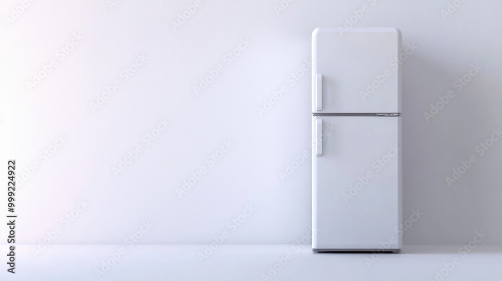 A top-freezer refrigerator with a minimalist design, isolated on a white background