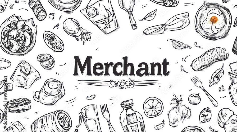 Hand Drawn Sketch of Various Groceries with 'Merchant' Title Hand Drawn Sketch of Various Groceries with 'Merchant' Title