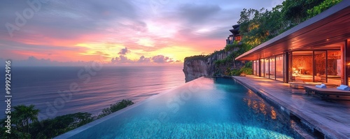 Luxurious cliffside infinity pool overlooking the ocean, tropical getaway during sunset
