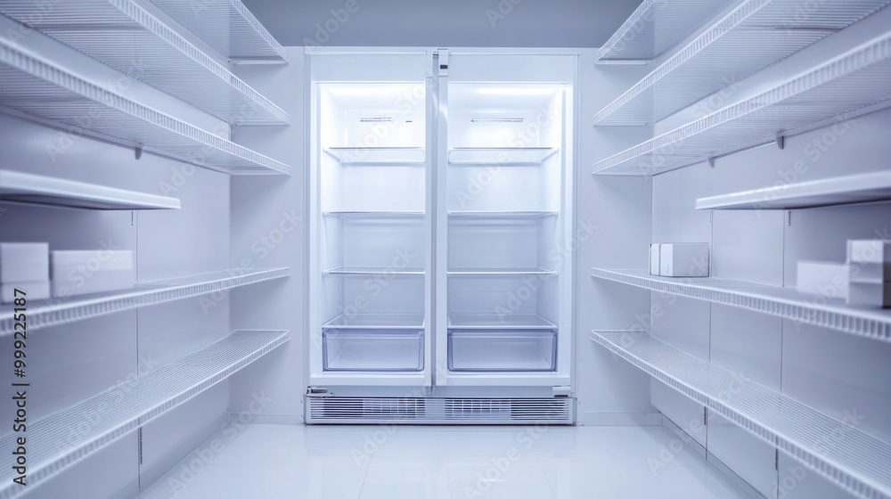 An empty refrigerator with multiple shelves and compartments, isolated on a white background An empty refrigerator with multiple shelves and compartments, isolated on a white background