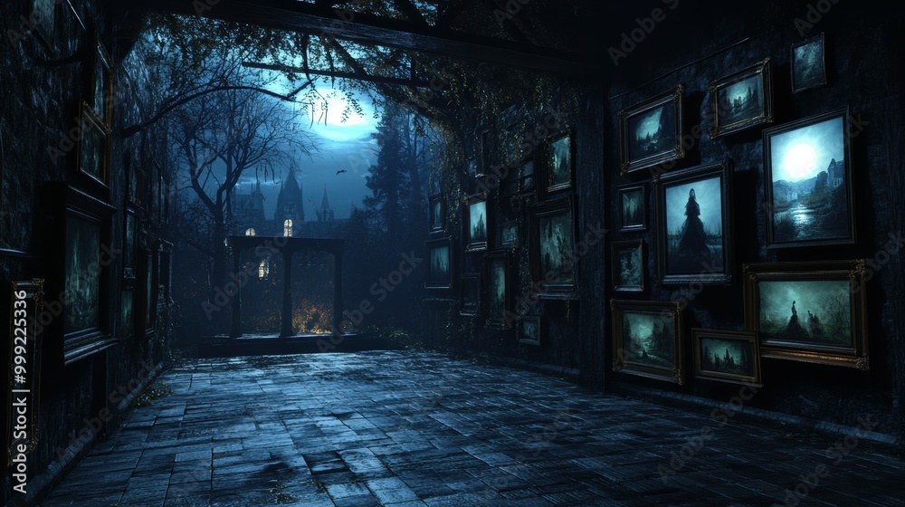 Fototapeta premium Spooky 3D Render of Haunted Art Gallery with Living Paintings on Halloween Night