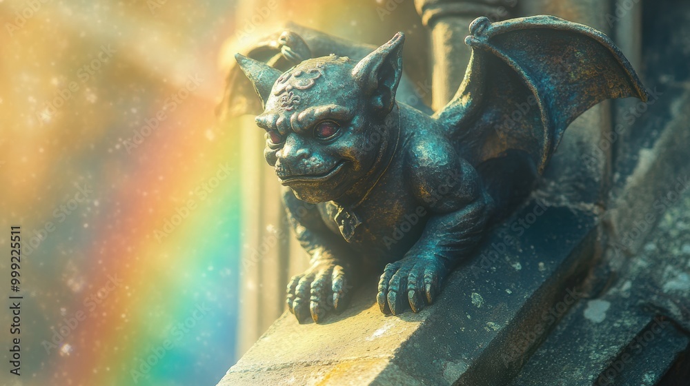 Whimsical Grinning Gargoyles Sliding Down Rainbow Hues from Enchanted Castle Towers Whimsical Grinning Gargoyles Sliding Down Rainbow Hues from Enchanted Castle Towers