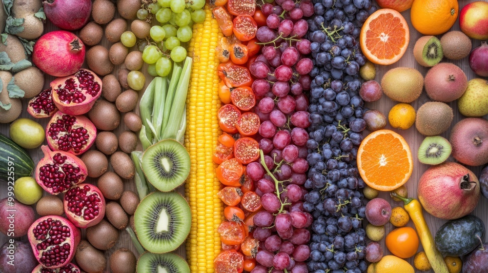 Rainbow of Fruits and Vegetables on Wooden Background Rainbow of Fruits and Vegetables on Wooden Background