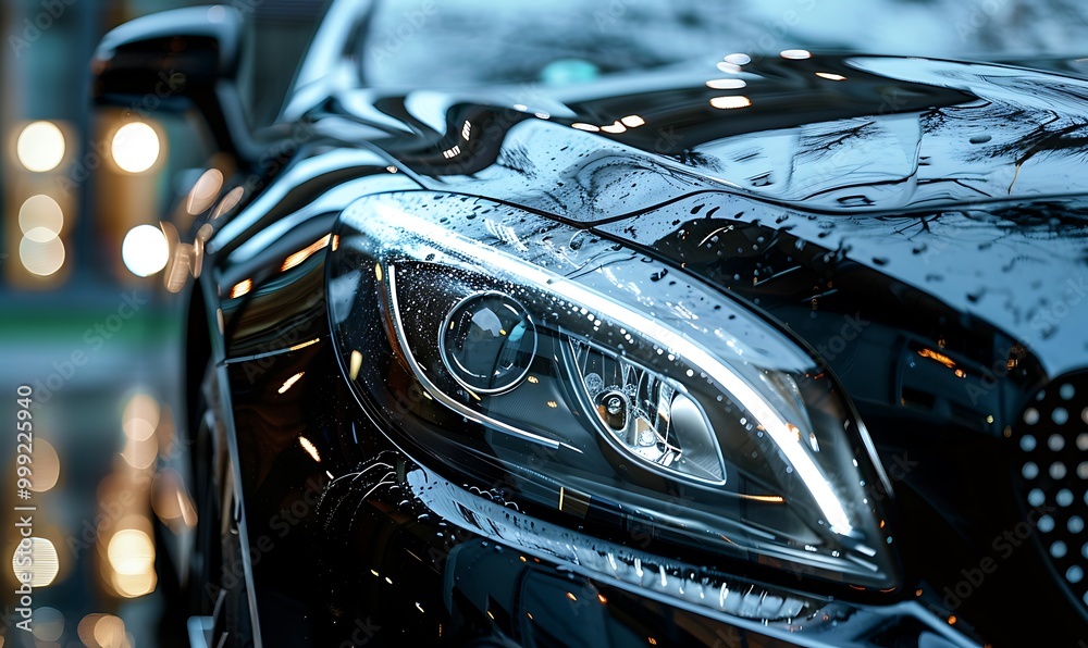 Fototapeta premium Close up of the headlight of a blue sport car with glowing lights.