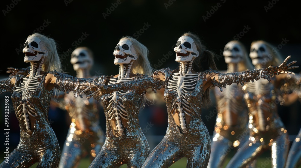 Skeleton cheerleaders performing at a Halloween football game Skeleton cheerleaders performing at a Halloween football game