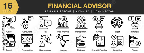 Financial Advisor icon set. Editable Stroke Icon Collection. Includes advice, auditor, businessman, consultant, data analysis, and More. Outline icons vector collection.