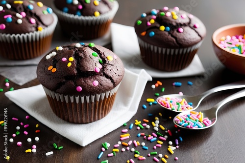 Irresistible Chocolate Muffins Topped with Vibrant Sprinkles Perfect for All Occasions photo