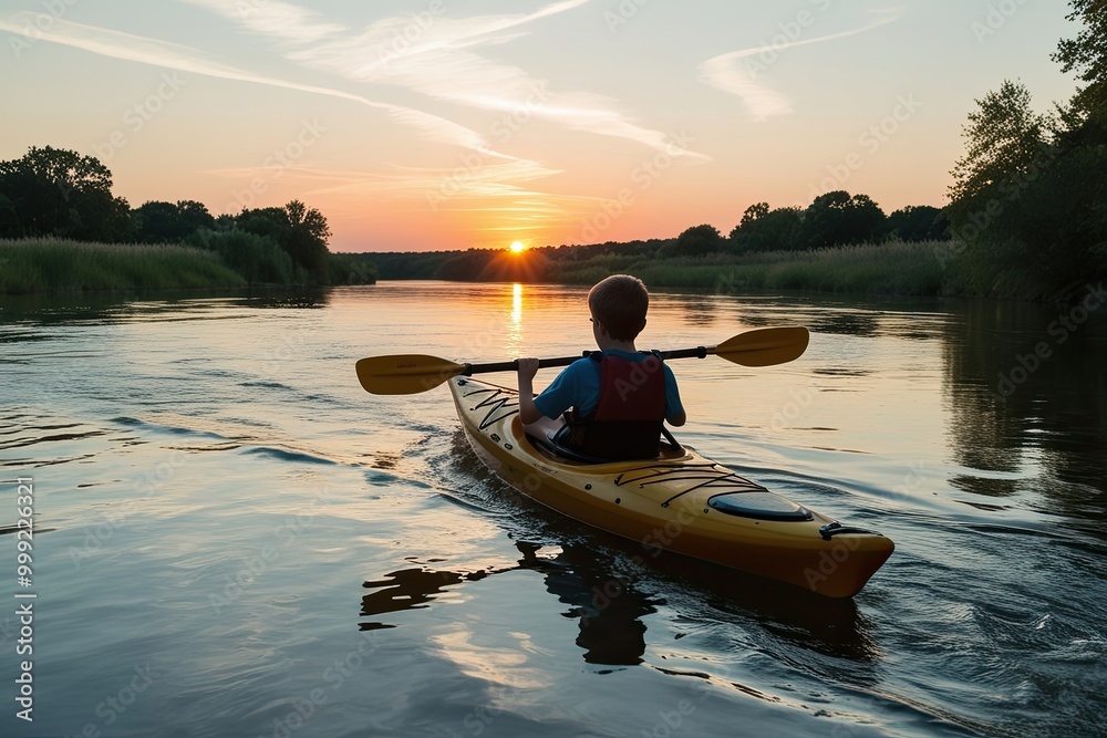 Boy Kayaking on Calm River at Sunset with Serene Reflections and Peaceful Atmosphere Boy Kayaking on Calm River at Sunset with Serene Reflections and Peaceful Atmosphere