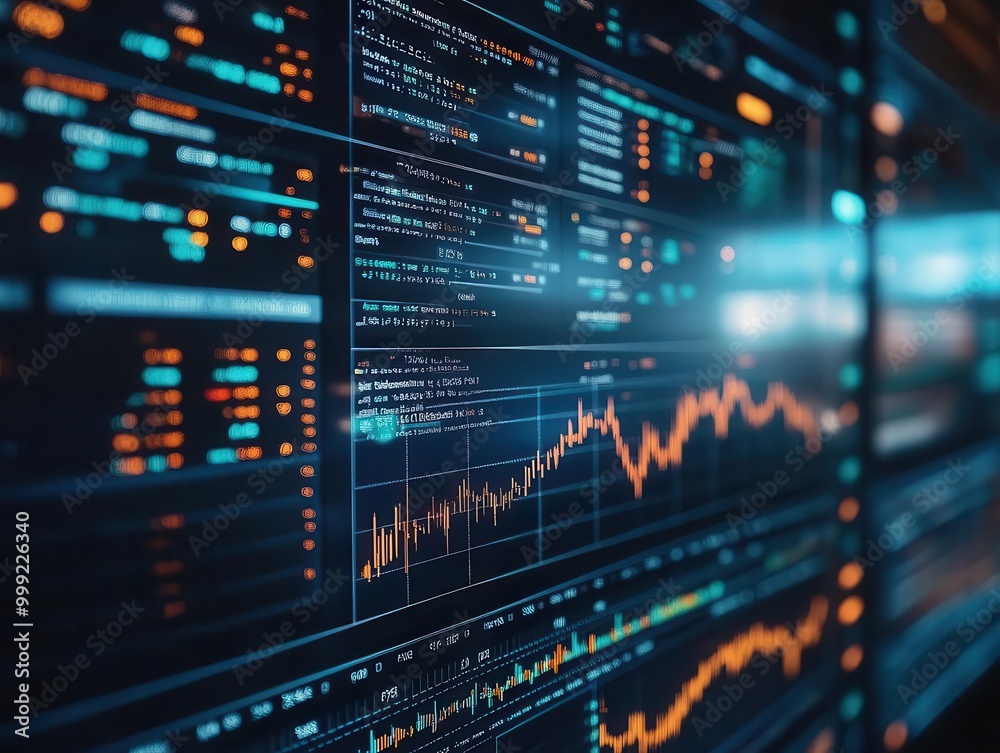 Stock market graphs showing rising and falling trends on multiple screens, financial setting, sharp focus, high detail Stock market graphs showing rising and falling trends on multiple screens, financial setting, sharp focus, high detail