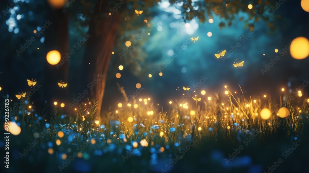 Fireflies lighting up an enchanted night field, creating a glowing, magical landscape with soft, abstract lighting Fireflies lighting up an enchanted night field, creating a glowing, magical landscape with soft, abstract lighting