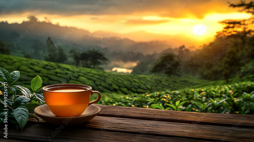 Enjoy a Cup of Tea at Sunrise Over Lush Green Tea Plantation Enjoy a Cup of Tea at Sunrise Over Lush Green Tea Plantation