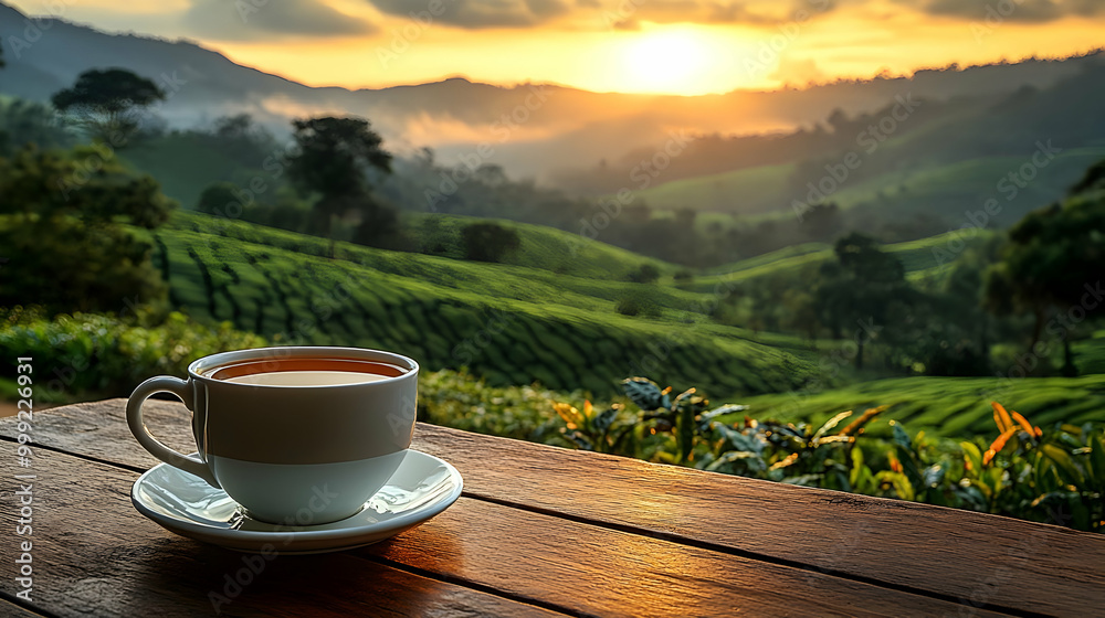 Sunrise Tea on a Wooden Table with a View of Rolling Hills Sunrise Tea on a Wooden Table with a View of Rolling Hills