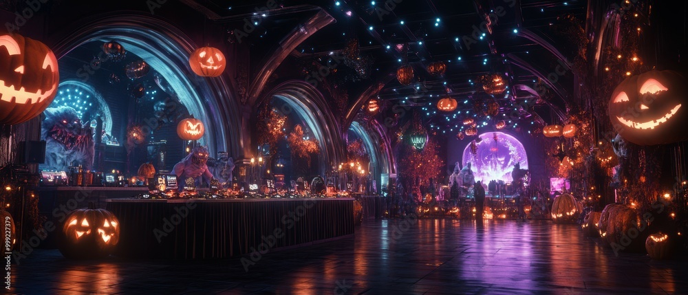 3D rendered Halloween party in a monster-themed nightclub with creature DJs 3D rendered Halloween party in a monster-themed nightclub with creature DJs