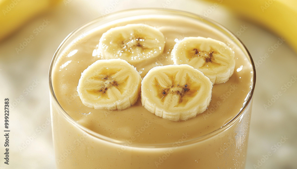 A creamy banana smoothie topped with banana slices, showcasing a delicious and healthy beverage option. A creamy banana smoothie topped with banana slices, showcasing a delicious and healthy beverage option.