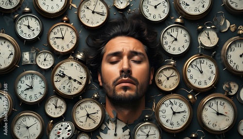 Contemplative Man Enveloped by Clocks, Illustrating Overwhelm and the Critical Nature of Time Management photo