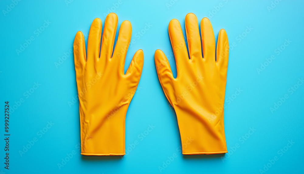 Fototapeta premium A pair of bright yellow rubber gloves displayed on a blue background, commonly used for cleaning or protecting hands.