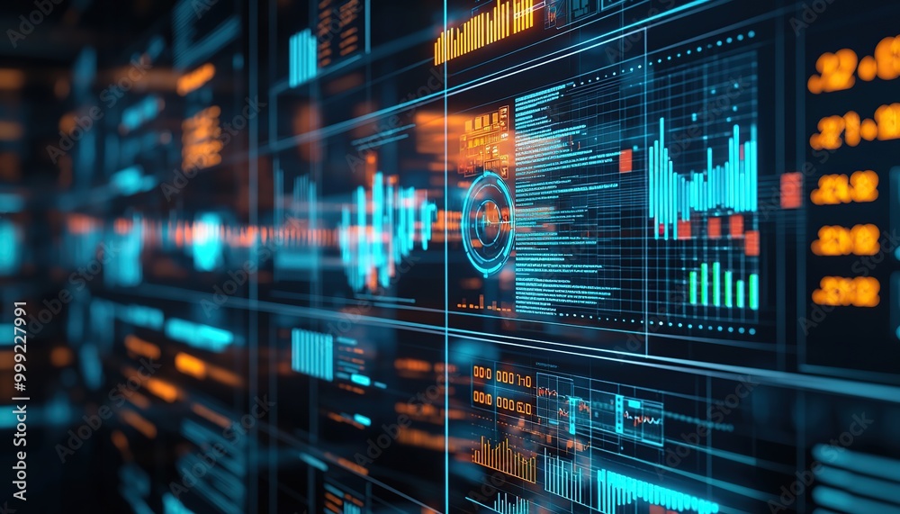 Futuristic digital interface with glowing blue and orange data displays. Futuristic digital interface with glowing blue and orange data displays.