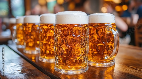 A line of big cups with Beer on a table at a bar, tavern, or on the festival grounds in October. idea of a German beer festival and drinking beer with friends. Shallow field of view.