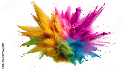 Pink, yellow, light green and blue explosion smoke of holi paint color powder isolated on transparent or white background