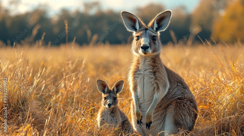 Fototapeta premium A 3D kangaroo with a joey in its pouch and a soft pastel background on the right, representing the fascinating wildlife from Australia in zoos