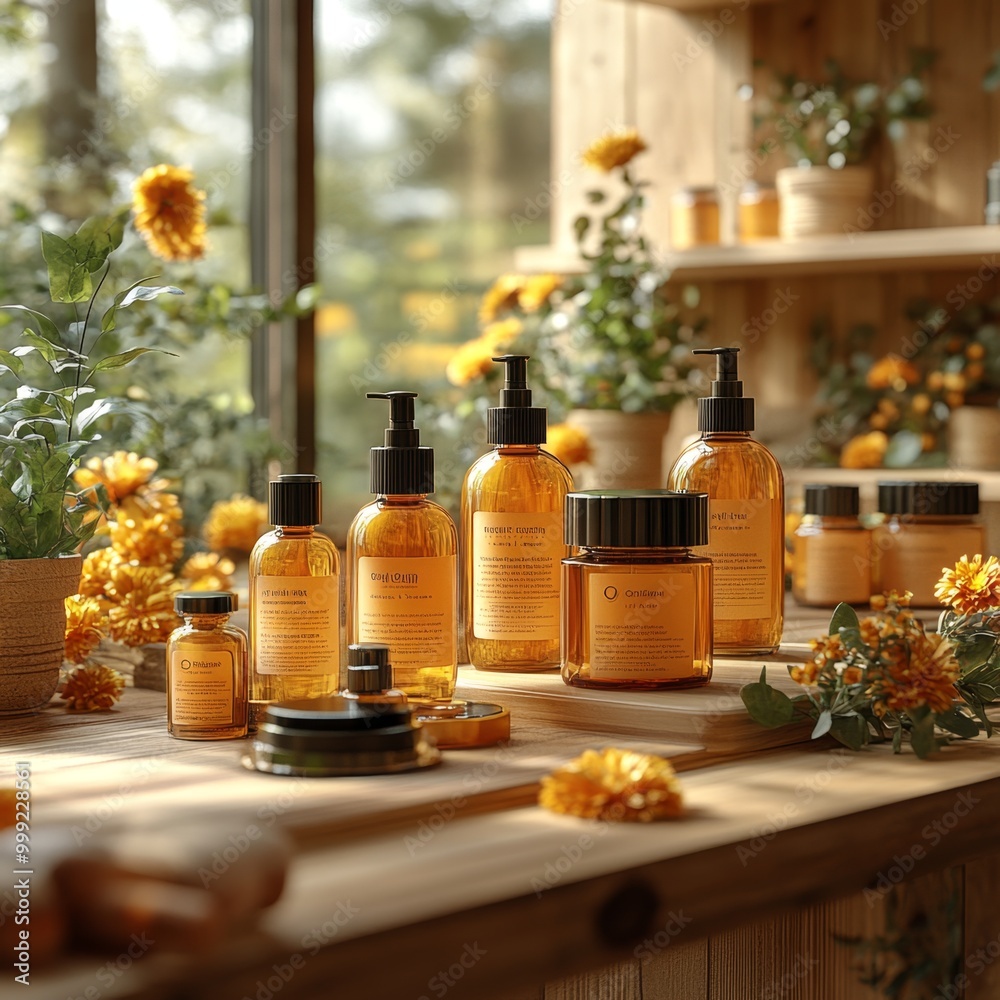 Organic skincare products, natural ingredients on display, 3D illustration Organic skincare products, natural ingredients on display, 3D illustration