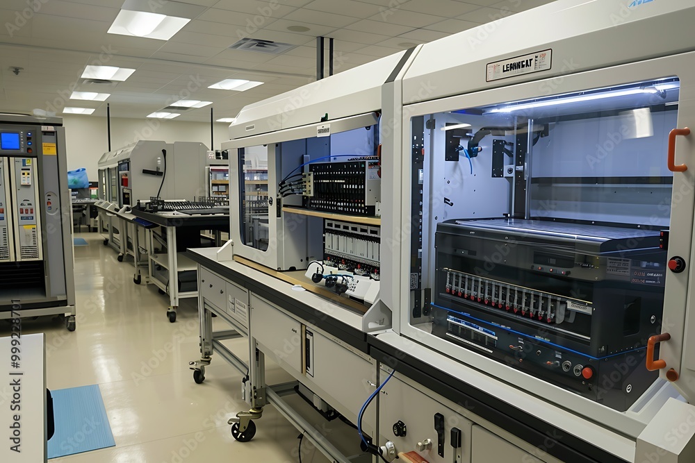 Fototapeta premium 3d render of a modern industrial automation system in a factory.