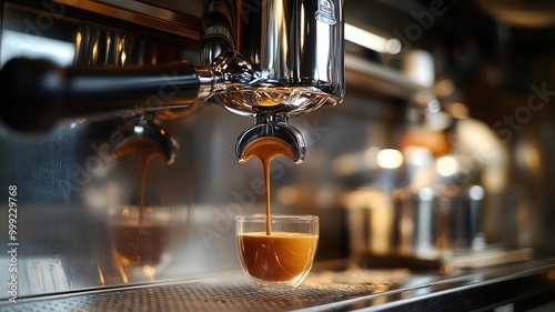 Espresso being poured from a shiny machine inside a food truck, with a detailed close-up of the process