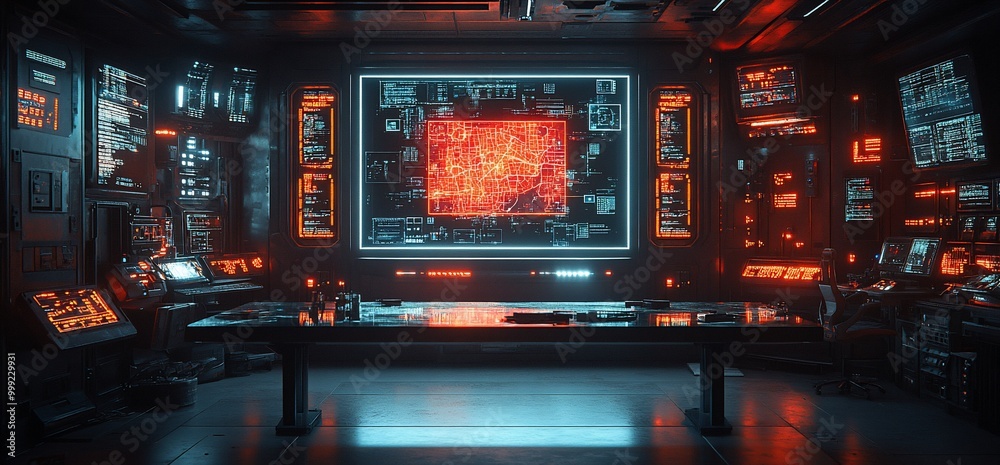 Futuristic control room with a large screen displaying a map with red lines and a long table in front of it.