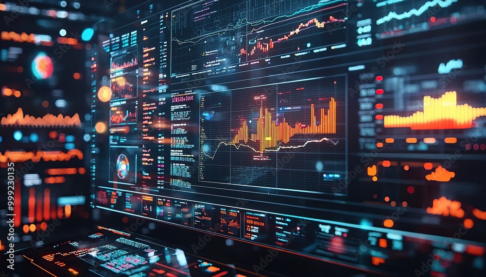 Computer screen displaying financial data, graphs, and charts. Computer screen displaying financial data, graphs, and charts.