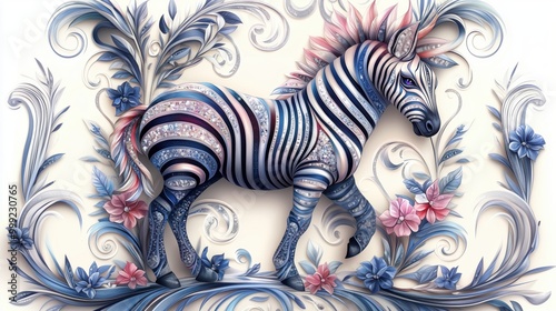 A graceful zebra adorned with shimmering crystals, surrounded by elegant Art Nouveau plant motifs in soft pastel hues