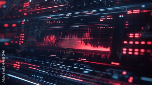 Futuristic digital interface with red glowing lines and graphs.