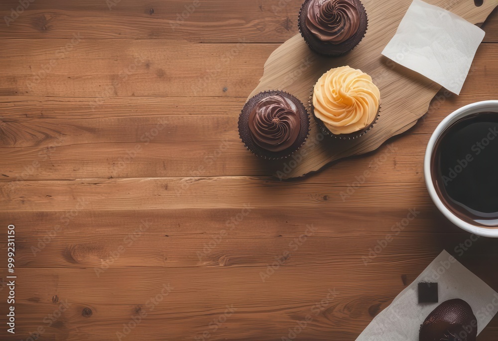 A cozy scene featuring delicious cupcakes next to a cup of coffee on a rustic wooden table. A cozy scene featuring delicious cupcakes next to a cup of coffee on a rustic wooden table.