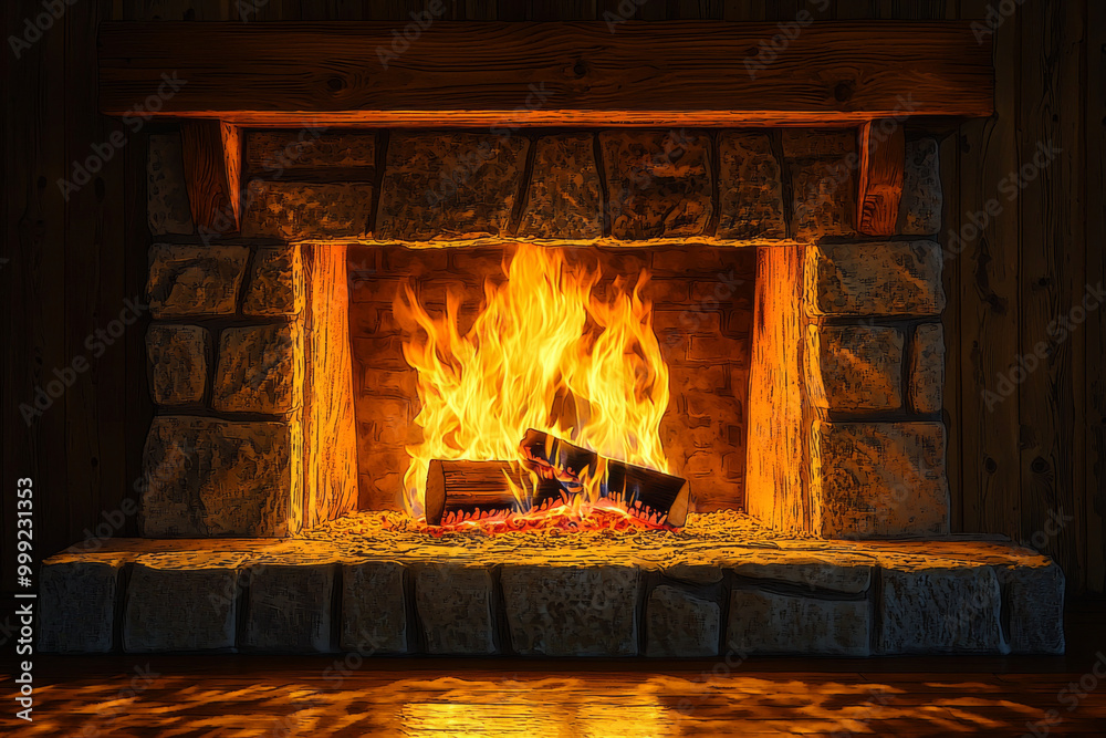 A cozy stone fireplace with a vibrant fire, creating a warm and inviting atmosphere. A cozy stone fireplace with a vibrant fire, creating a warm and inviting atmosphere.